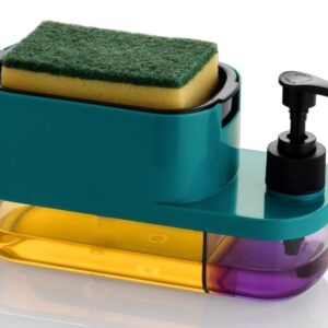 3 in 1 kitchen soap dispenser with sponge holder and dual liquid compartments – multifunctional dishwashing pump bottle organizer for home and kitchen cleaning